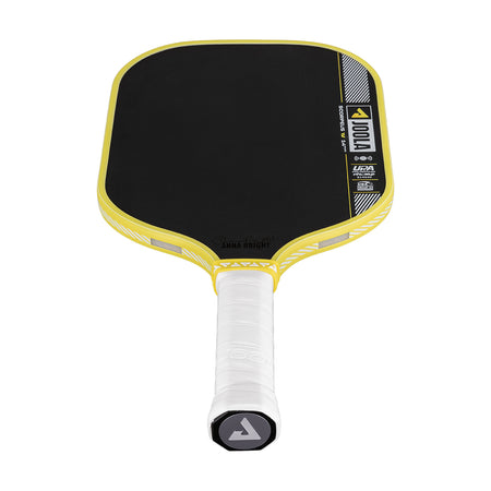Pickleball paddle with black face and yellow rim on a white background