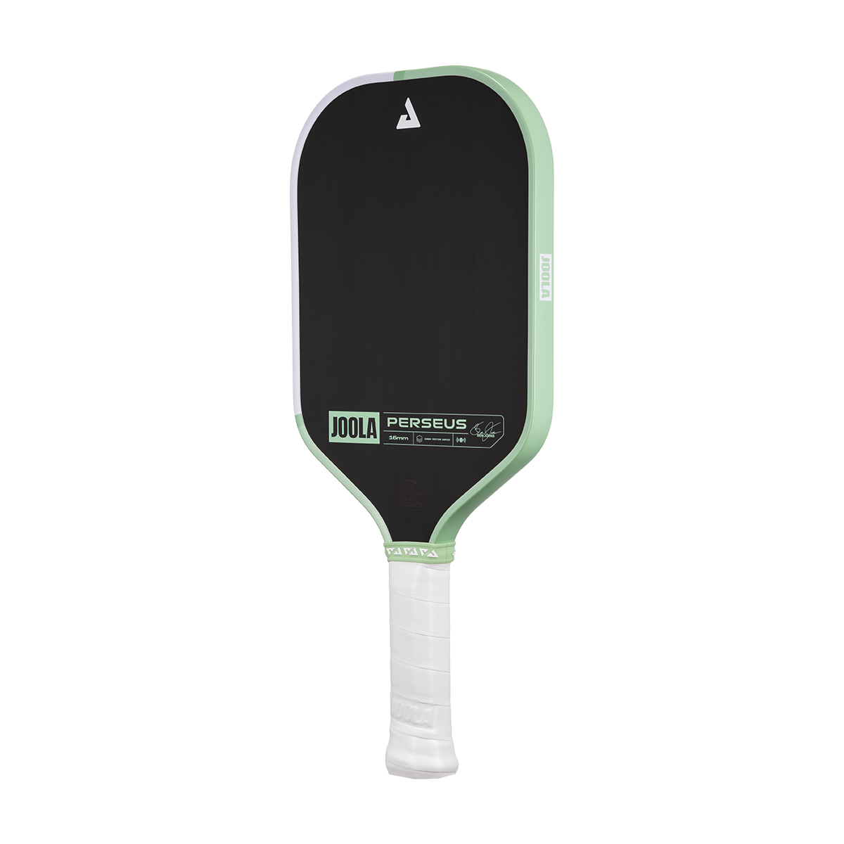 White background, angled product image of the JOOLA Perseus CFS pickleball paddle. White handle, with half mint green, half white edge guard.