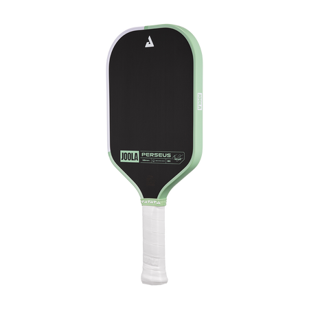White background, angled product image of the JOOLA Perseus CFS pickleball paddle. White handle, with half mint green, half white edge guard.