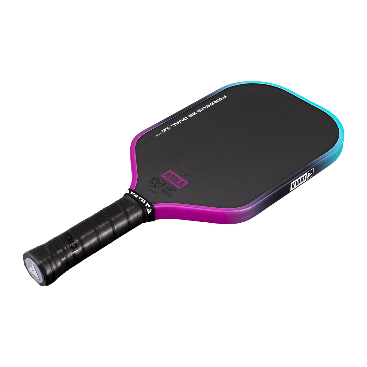 White background, angled view of the JOOLA Perseus 3S Dual pickleball paddle, blue and purple dual gradiant edge guard.