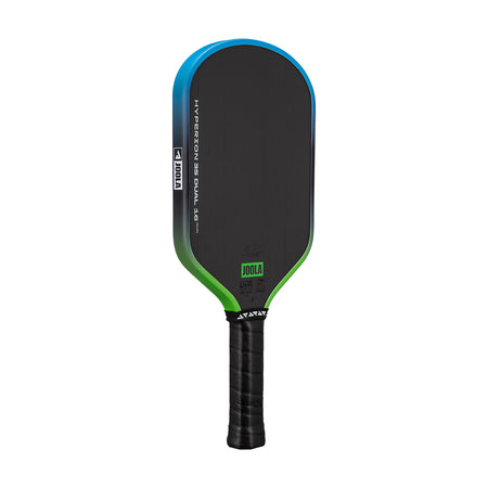 White background, image of a JOOLA Hyperion 3S Dual pickleball paddle with a green and blue dual gradiant edge guard.