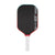 Pickleball paddle with black face, red rim, and white handle on a white background