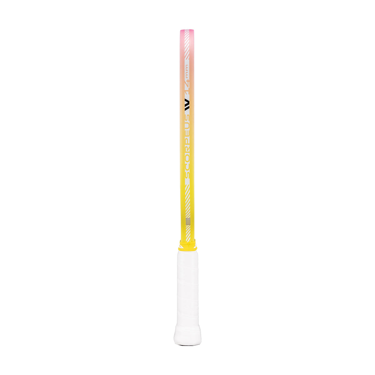 Pickleball paddle with gradient design from white to yellow on a white background.