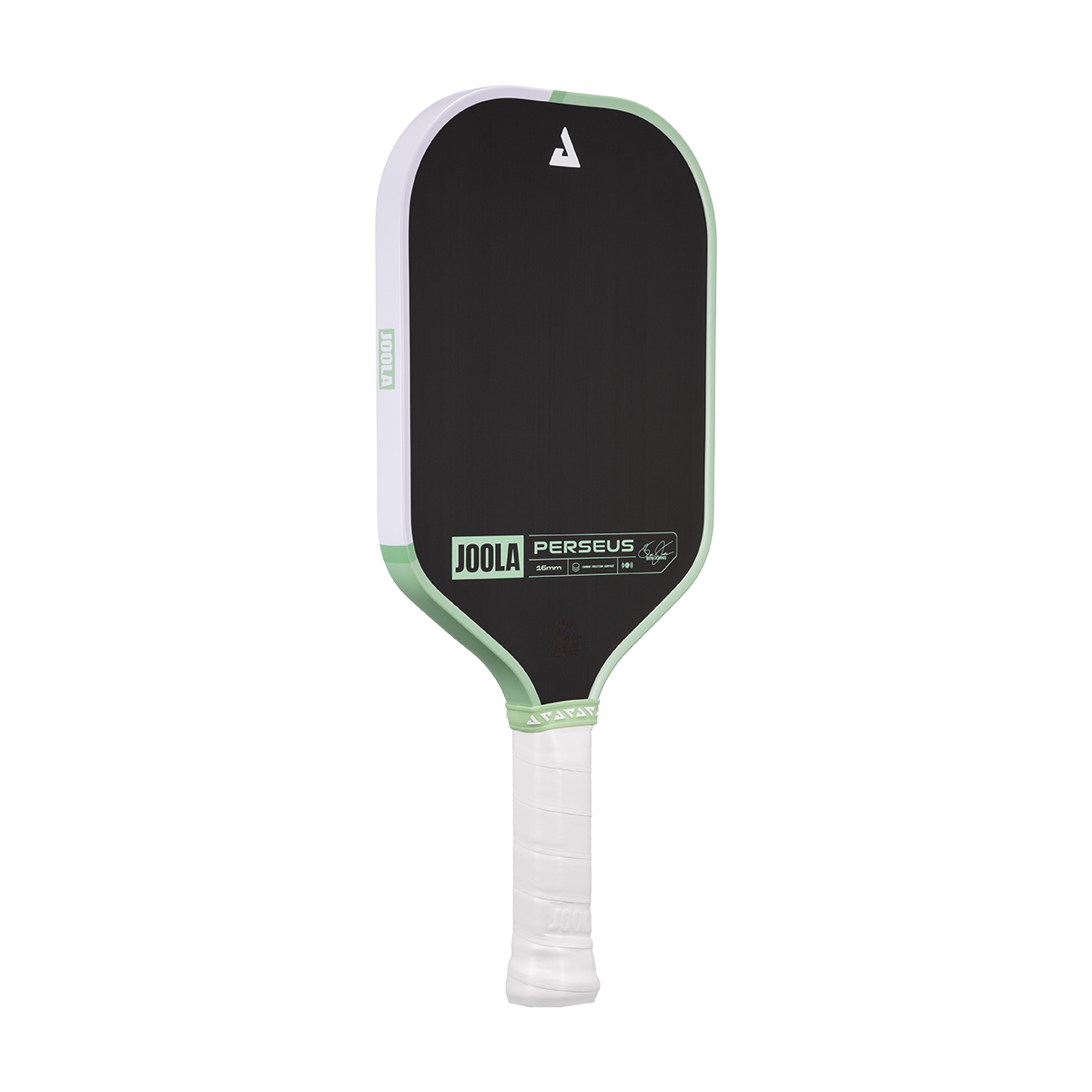 White background, angled product image of the JOOLA Perseus CFS pickleball paddle. White handle, with half mint green, half white edge guard.