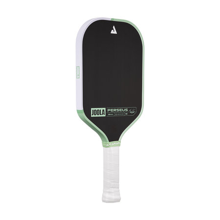 White background, angled product image of the JOOLA Perseus CFS pickleball paddle. White handle, with half mint green, half white edge guard.