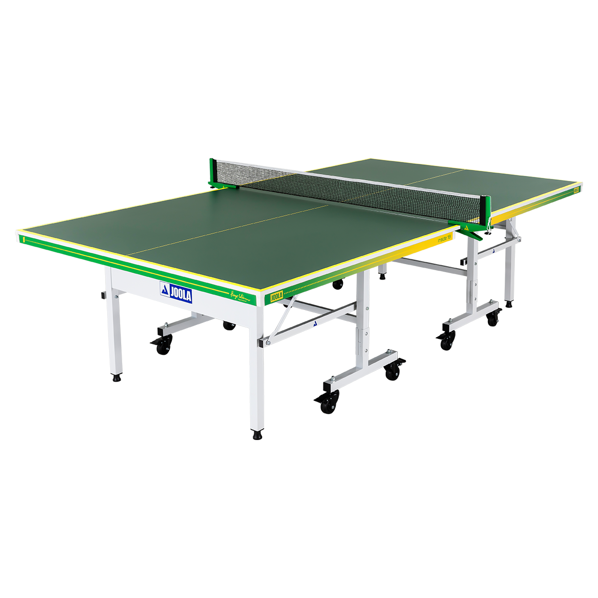 White background, product image of a JOOLA x Hugo Calderano table tennis table, green, yellow and white colorway.