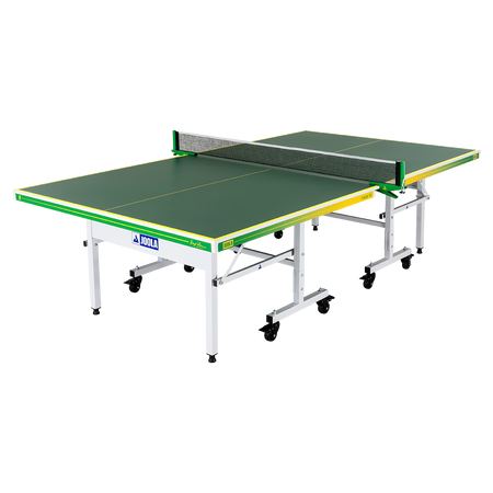 White background, product image of a JOOLA x Hugo Calderano table tennis table, green, yellow and white colorway.