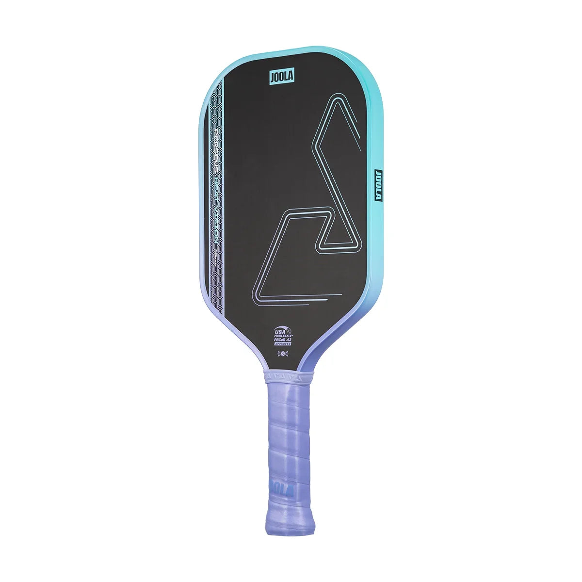 White background, product image of the JOOLA Perseus Heat Vision, purple and teal color way and purple handle.