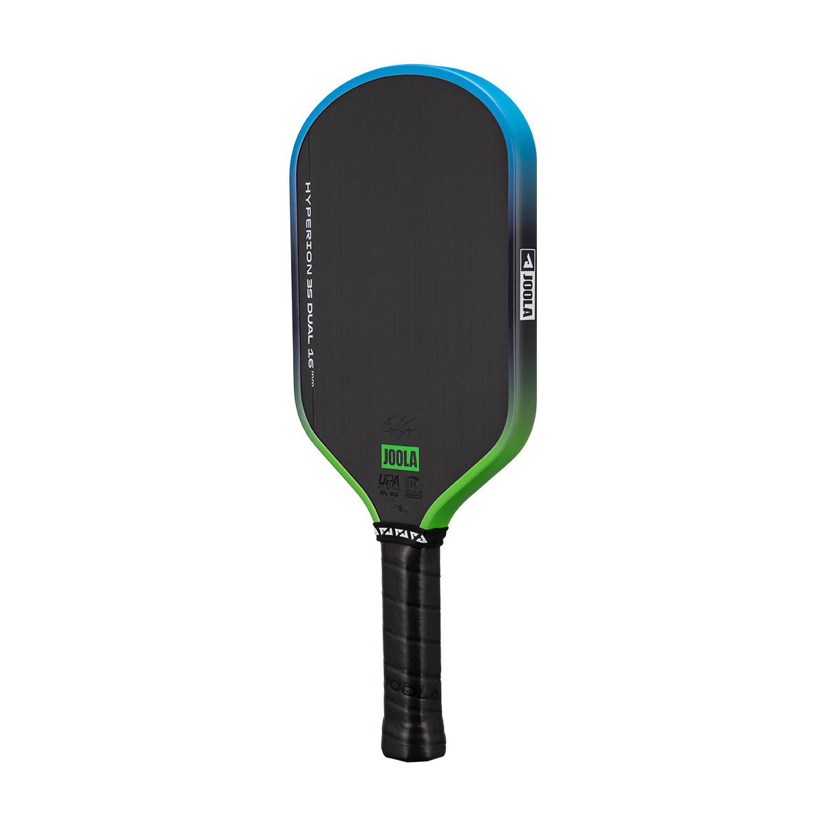 White background, image of a JOOLA Hyperion 3S Dual pickleball paddle with a green and blue dual gradiant edge guard.