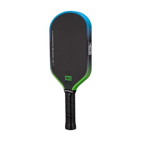 White background, image of a JOOLA Hyperion 3S Dual pickleball paddle with a green and blue dual gradiant edge guard.