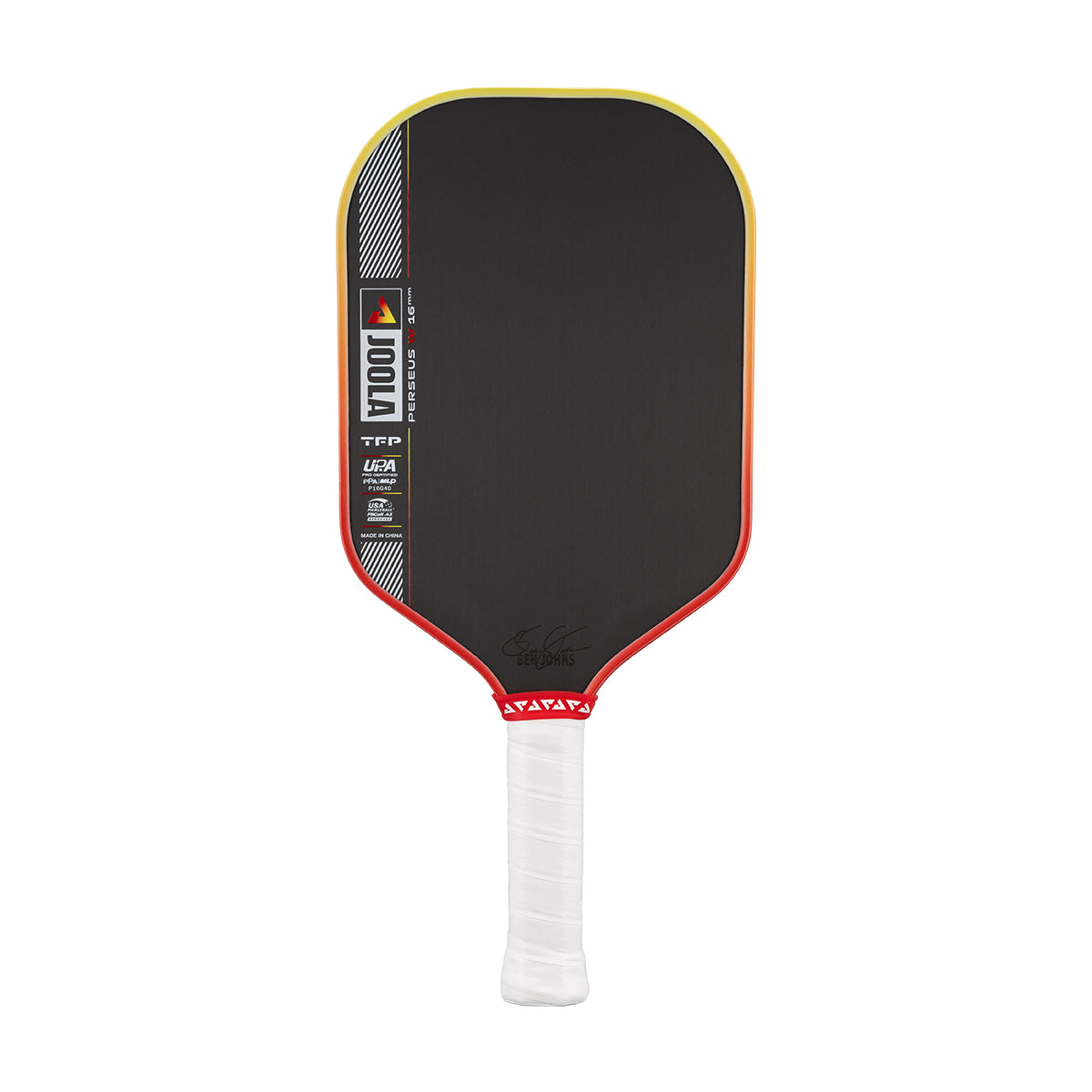 Pickleball paddle with black surface, red border, and white handle on a white background