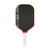 Pickleball paddle with black surface, red border, and white handle on a white background