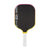 Pickleball paddle with black surface, yellow rim, and white handle on a white background.