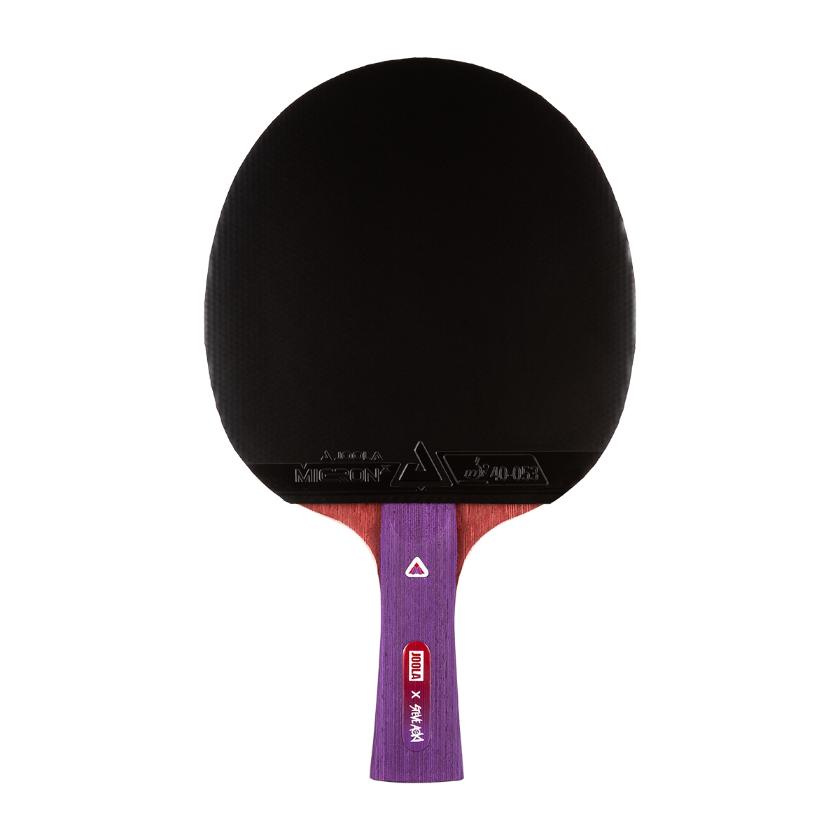 White background, product image of a JOOLA x Steve Aoki table tennis racket, black surface, purple handle.