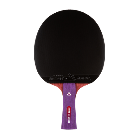White background, product image of a JOOLA x Steve Aoki table tennis racket, black surface, purple handle.