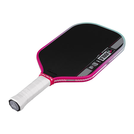 Pickleball paddle with pink frame and white handle on a white background.