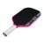 Pickleball paddle with pink frame and white handle on a white background.