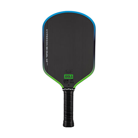 White background, image of a JOOLA Hyperion 3S Dual pickleball paddle with a green and blue dual gradiant edge guard.