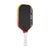 Pickleball paddle with black surface, red and yellow edges, and white handle on a white background