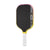 Pickleball paddle with black face, yellow rim, and white handle on a white background.