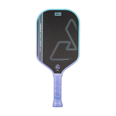 White background, product image of the JOOLA Heat Vision pickleball paddle with purple handle and purple and teal edge guard.