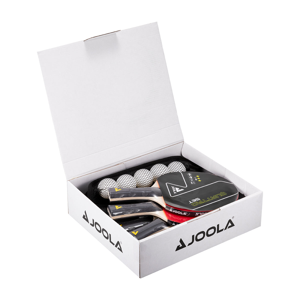 White background, Image of the JOOLA Table Tennis Quattro table tennis box, with four paddles and table tennis balls.