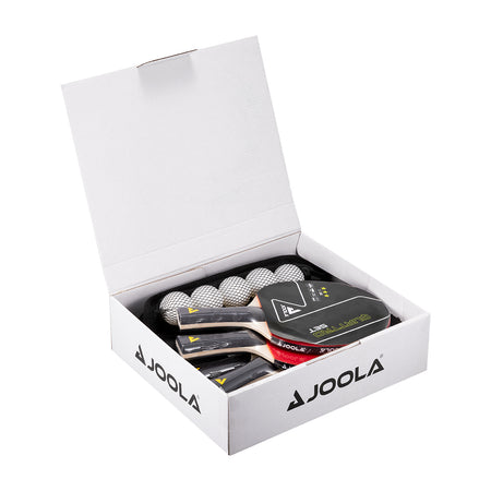 White background, Image of the JOOLA Table Tennis Quattro table tennis box, with four paddles and table tennis balls.