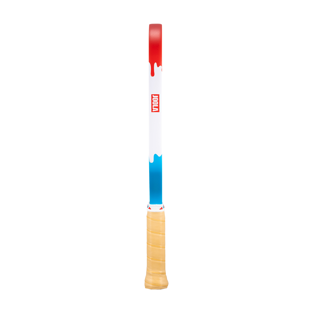 Product image showing the drippy red, white and blue colorway on the edge guard of the JOOLA Double Vision Rally Rocket pickleball paddle.