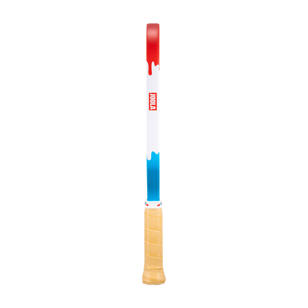 Product image showing the drippy red, white and blue colorway on the edge guard of the JOOLA Double Vision Rally Rocket pickleball paddle.