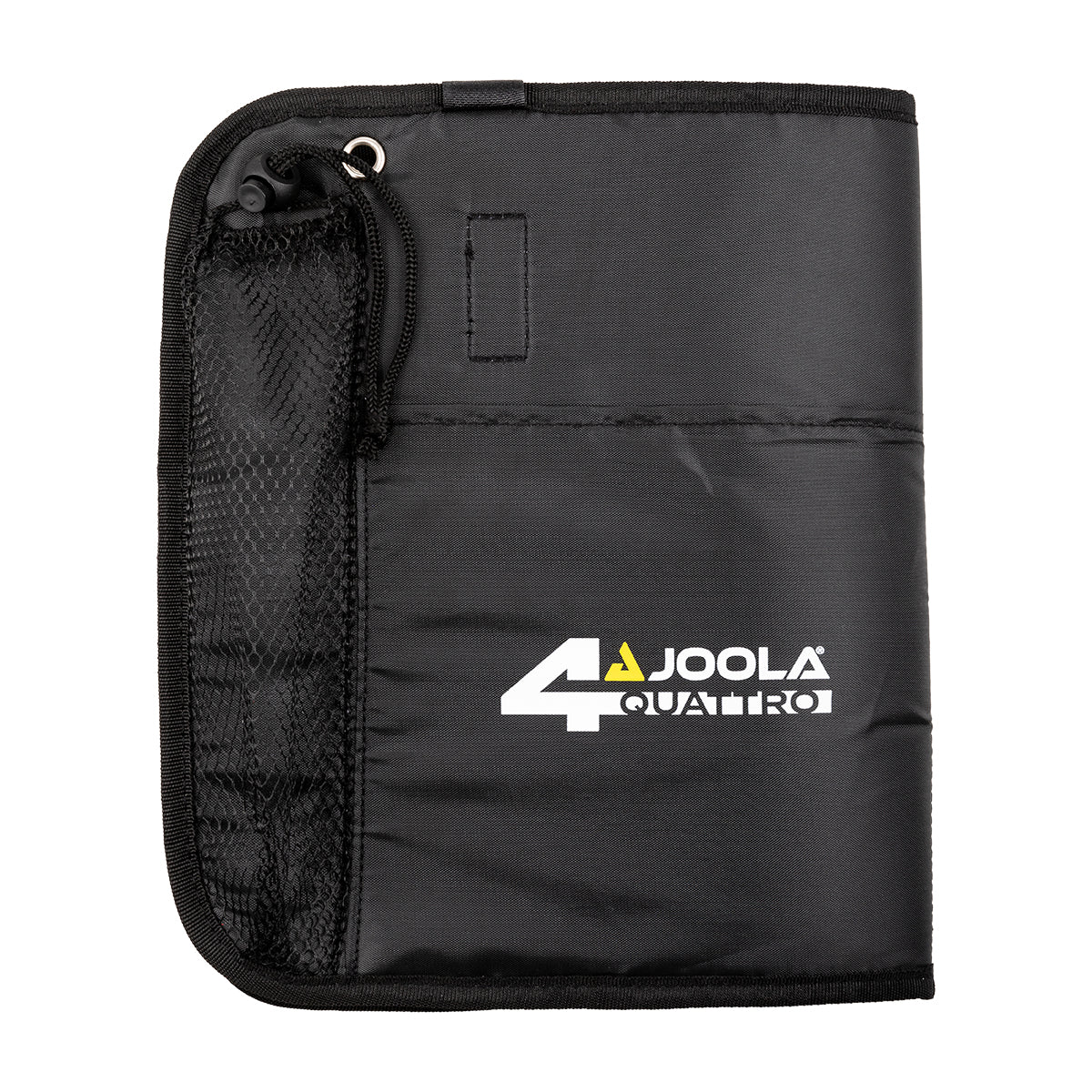 Black carrying case with a JOOLA Quattro Table Tennis logo on a white background.