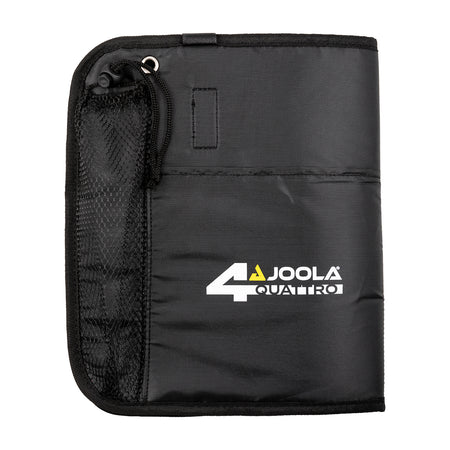 Black carrying case with a JOOLA Quattro Table Tennis logo on a white background.