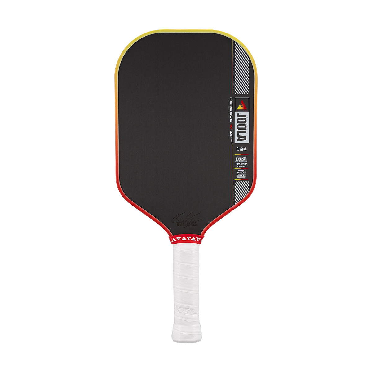 Pickleball paddle with black face, red rim, and white handle on a white background