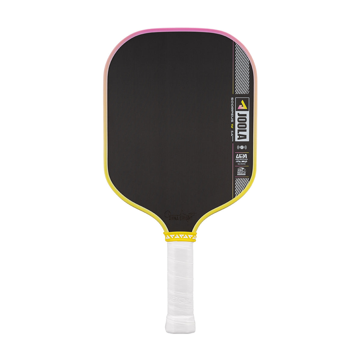 Pickleball paddle with black surface, yellow rim, and white handle on a white background.