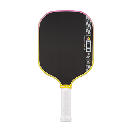 Pickleball paddle with black surface, yellow rim, and white handle on a white background.