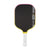 Pickleball paddle with black surface, yellow rim, and white handle on a white background.