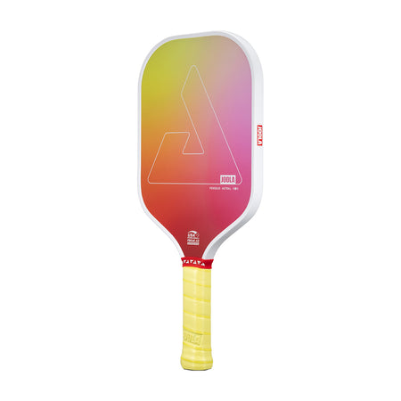 White background, product photo of the JOOLA Perseus Astral pickleball paddle with a yellow handle and white edge guard, and sunset gradient colored paddle face.