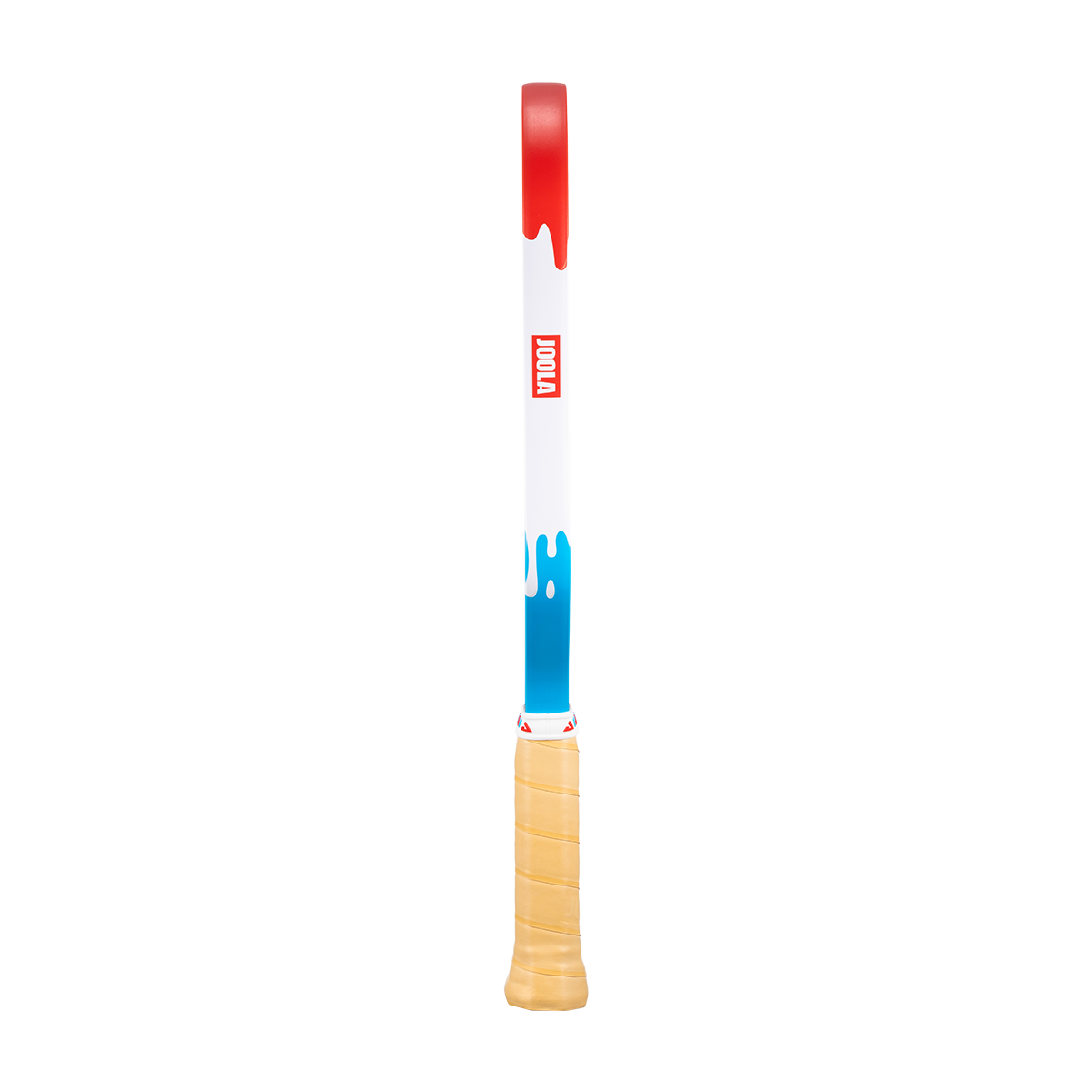 Product image showing the drippy red, white and blue colorway on the edge guard of the JOOLA Double Vision Rally Rocket pickleball paddle.