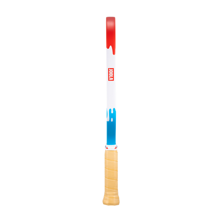 Product image showing the drippy red, white and blue colorway on the edge guard of the JOOLA Double Vision Rally Rocket pickleball paddle.