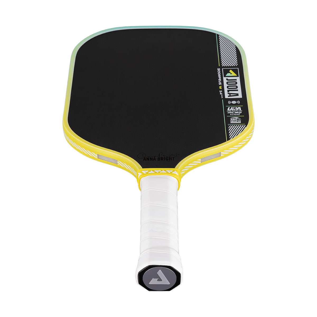 Yellow and black pickleball paddle on a white background.
