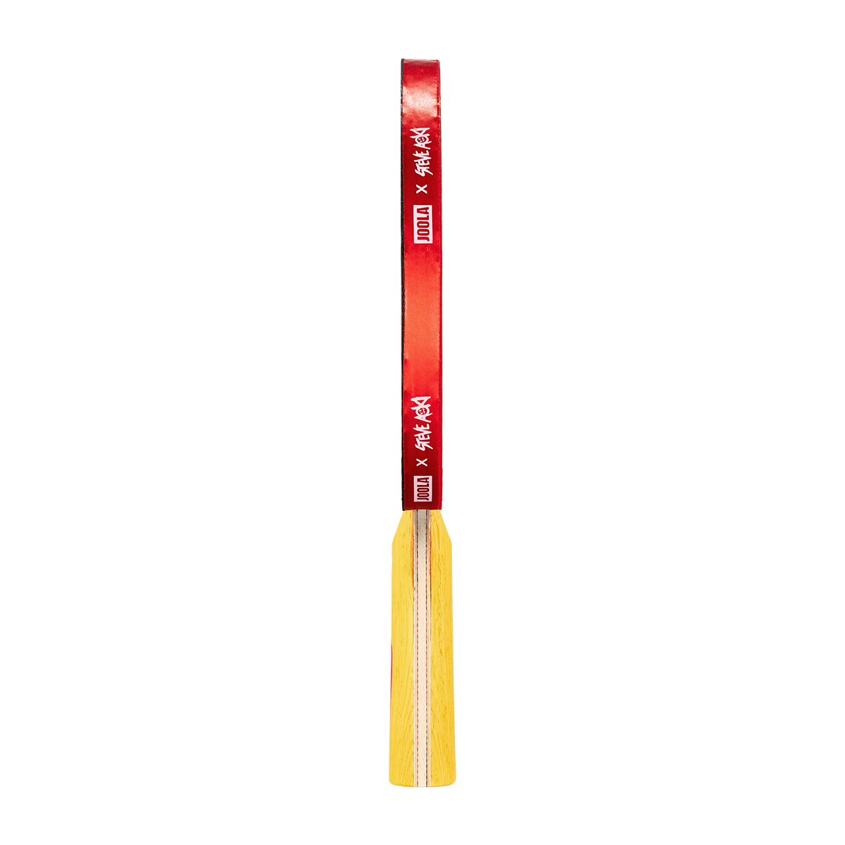 White background, product image showing the side of a JOOLA x Steve Aoki table tennis racket, yellow handle and red edge.