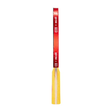 White background, product image showing the side of a JOOLA x Steve Aoki table tennis racket, yellow handle and red edge.