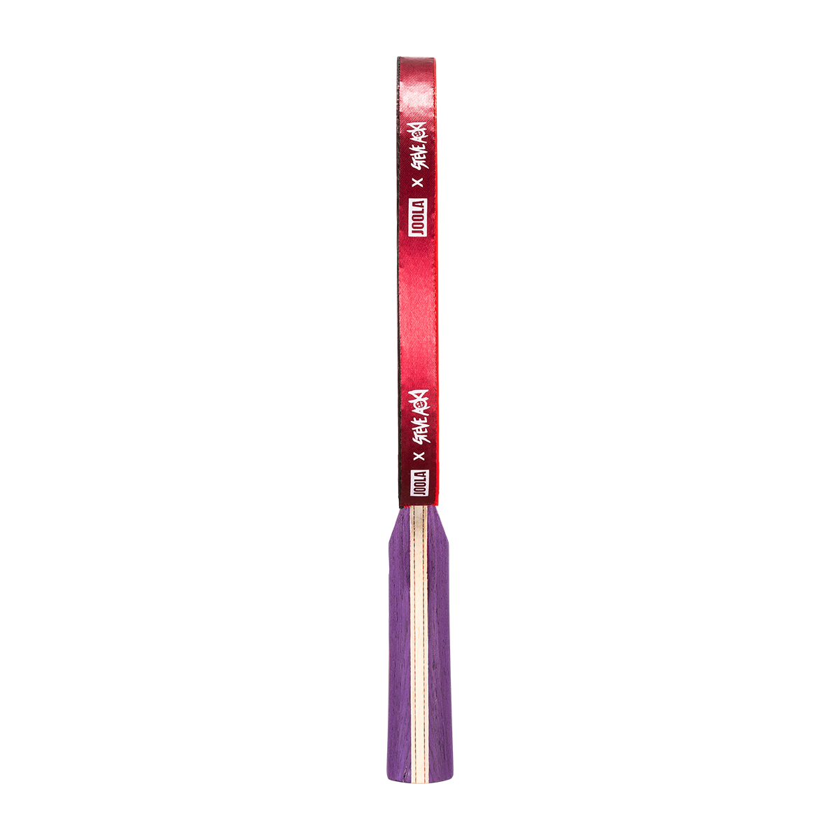 White background, product image showing the side of a JOOLA x Steve Aoki table tennis racket, purple handle and red edge.