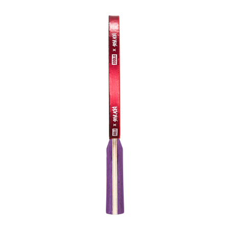 White background, product image showing the side of a JOOLA x Steve Aoki table tennis racket, purple handle and red edge.