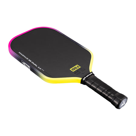 White background, Pink and Yellow gradiant edge guard on the JOOLA 3S Dual Magnus Pickleball Paddle.