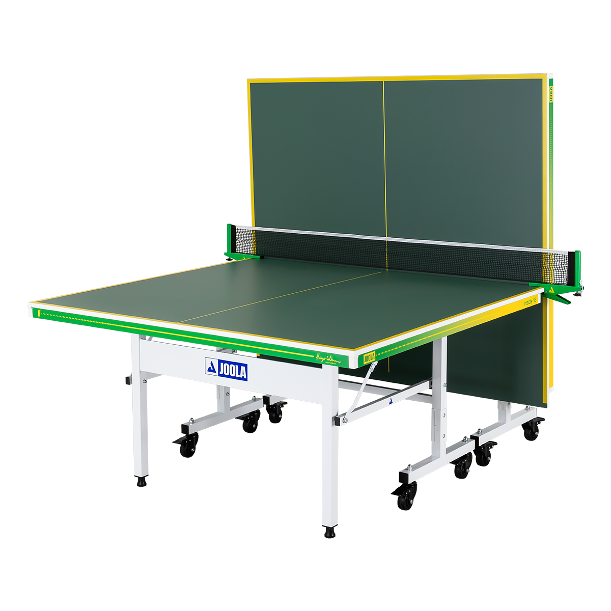 White background, product image of a JOOLA x Hugo Calderano table tennis table, the image shows the table with one half of it folded up.