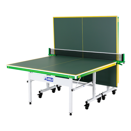 White background, product image of a JOOLA x Hugo Calderano table tennis table, the image shows the table with one half of it folded up.