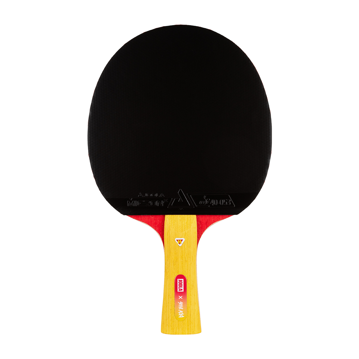 White background, product image showing a JOOLA x Steve Aoki table tennis racket with a yellow handle and a black surface.