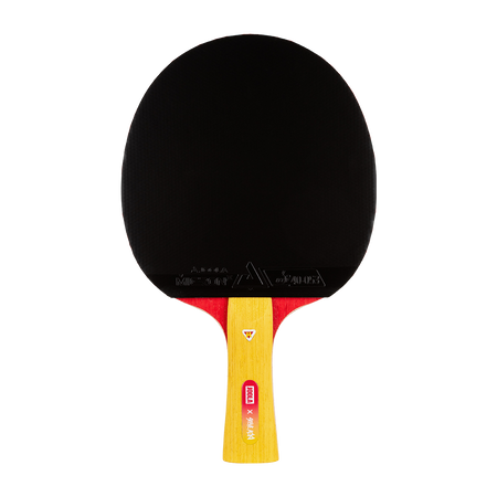 White background, product image showing a JOOLA x Steve Aoki table tennis racket with a yellow handle and a black surface.
