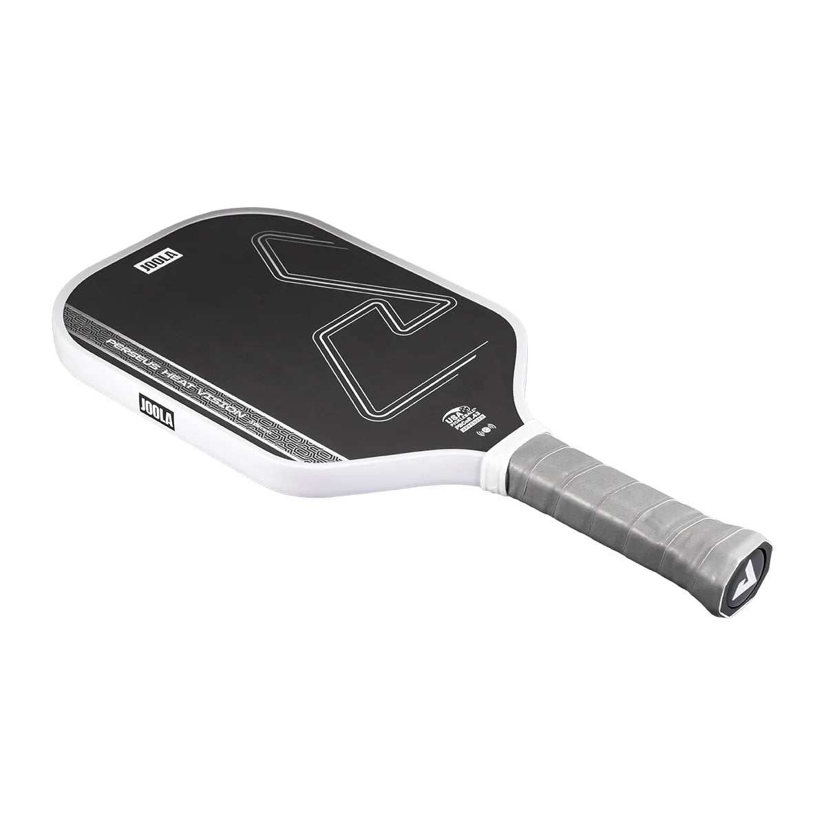 White background, white, gray and black JOOLA Perseus Heat Vision pickleball paddle with gray handle.