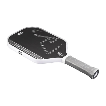 White background, white, gray and black JOOLA Perseus Heat Vision pickleball paddle with gray handle.